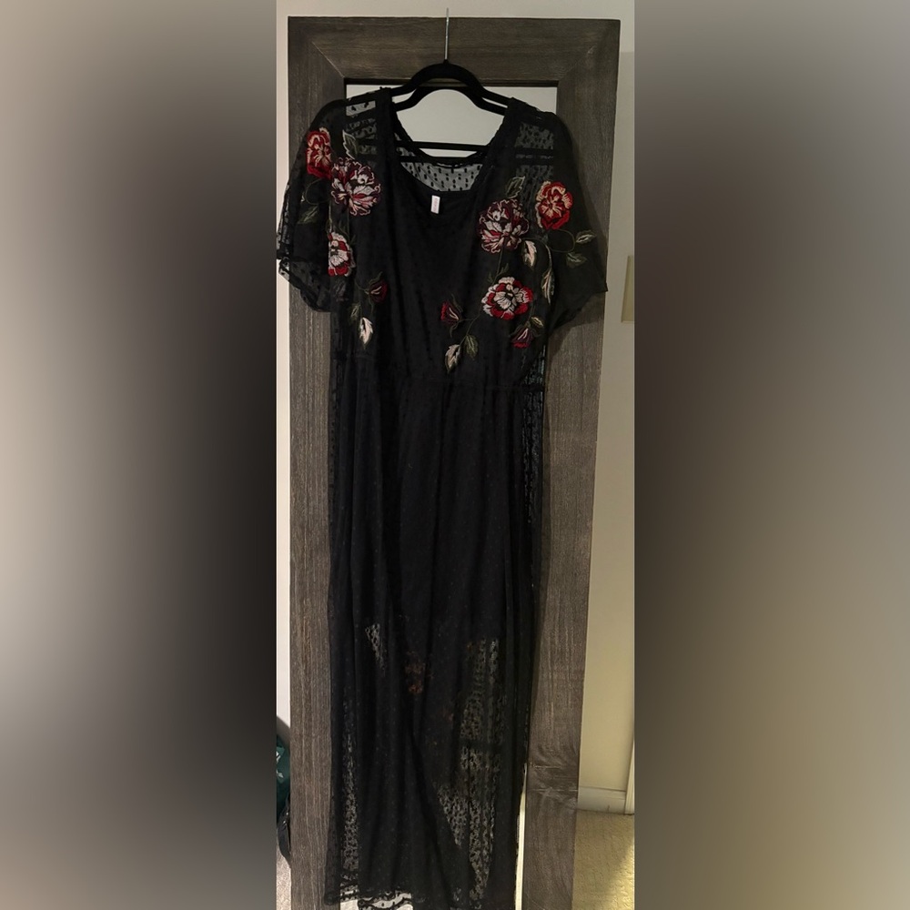 Xhilaration Black Lace Maxi Dress with Red Floral Embroidery